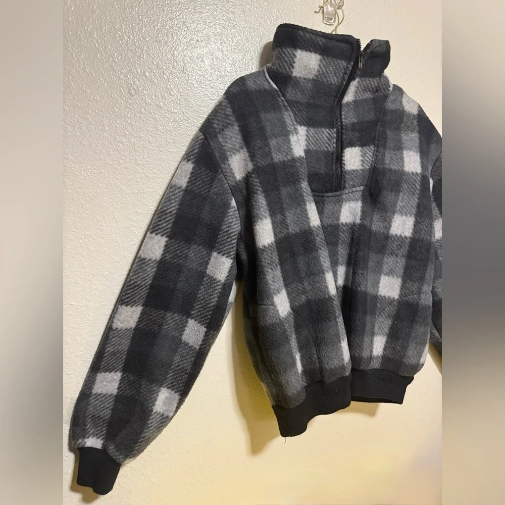 Women’s Black Gray Plaid Fleece Pullover | Mock Neck 3/4 Zip Jacket | Cozy | L - Picture 3 of 4